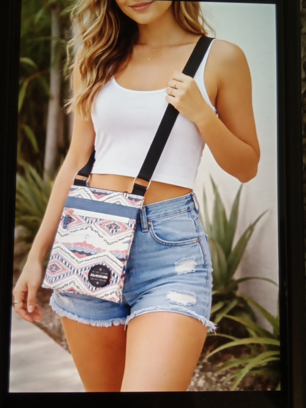 Dakine Small Crossbody Bag in Pink, Blue & White Aztec Print Lizzy